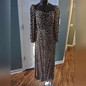 H&M Puffy 3/4 Sleeve Square Neck Smocked Bodice Animal Print Midi Dress Small